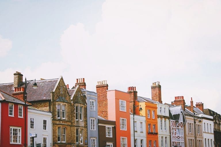 a row of different colour houses